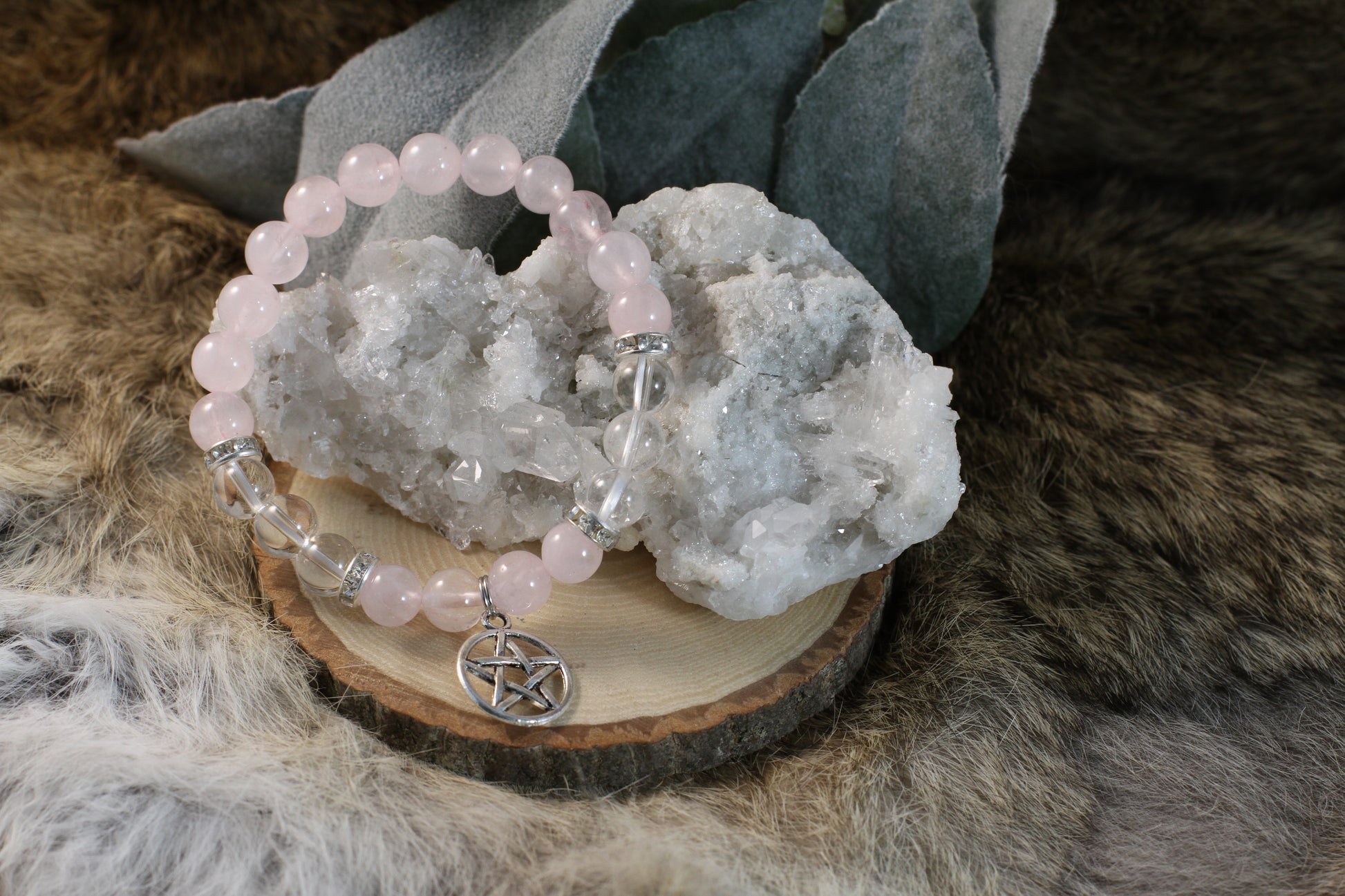Rose & Clear Quartz Bead Bracelet